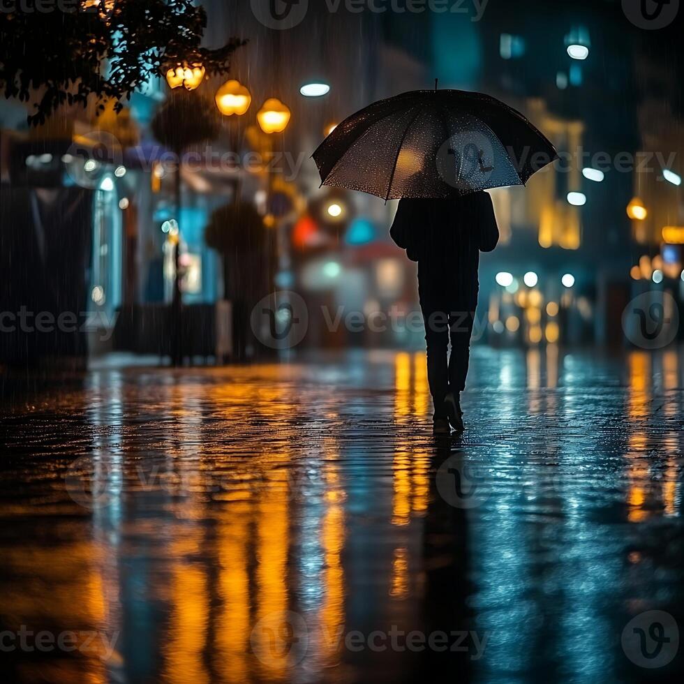 A person walking in the rain with an umbrella photo