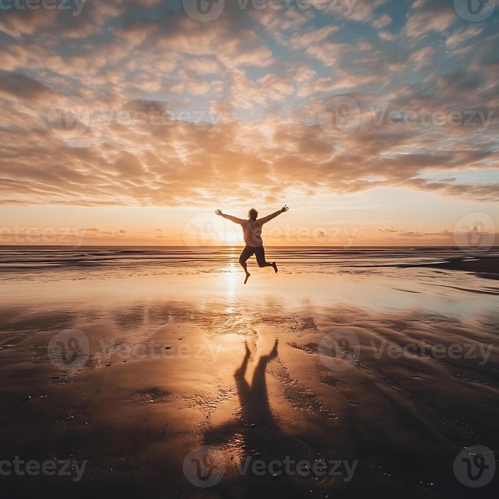 A person jumping on the beach at sunset photo