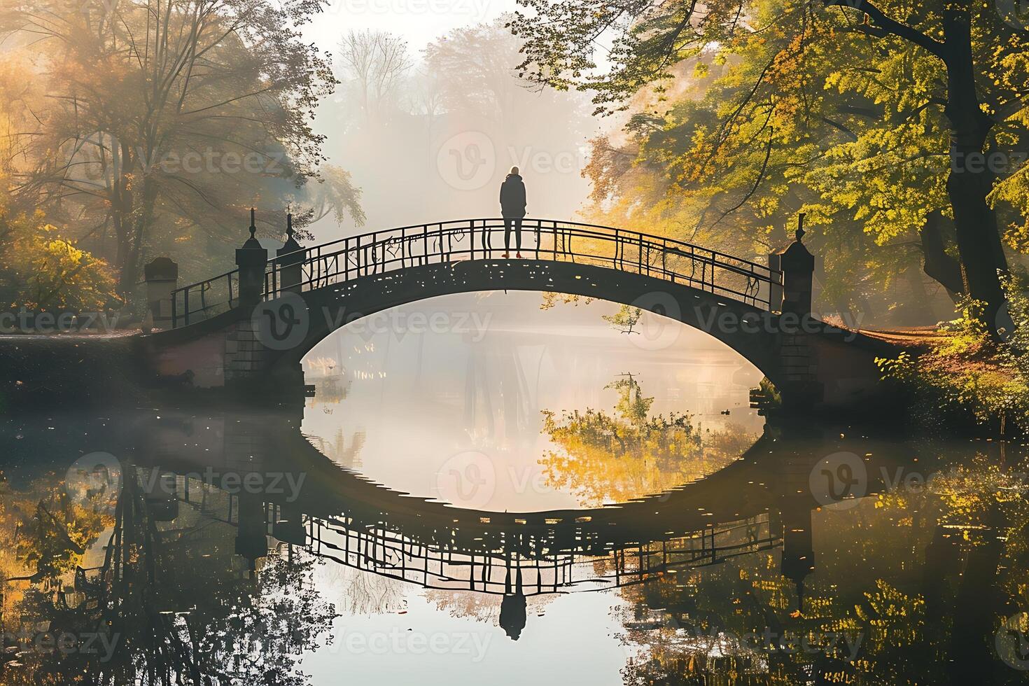 A person standing on a bridge over a river photo
