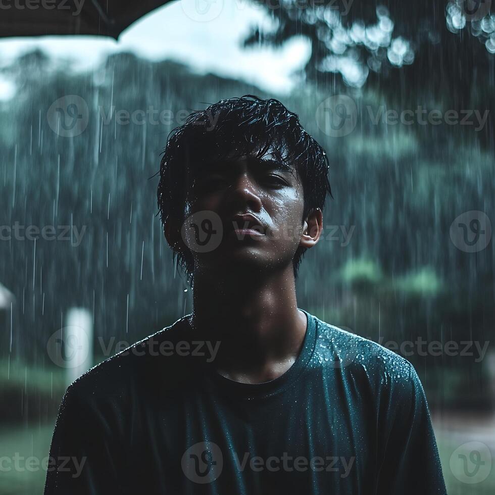 A young man standing under an umbrella in the rain photo