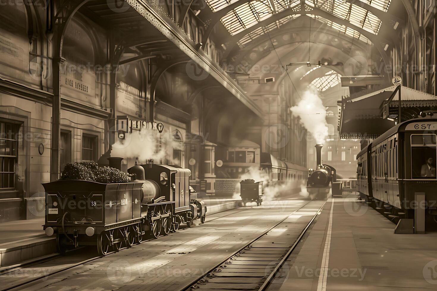 A train is pulling into a station with steam coming out of the engine photo