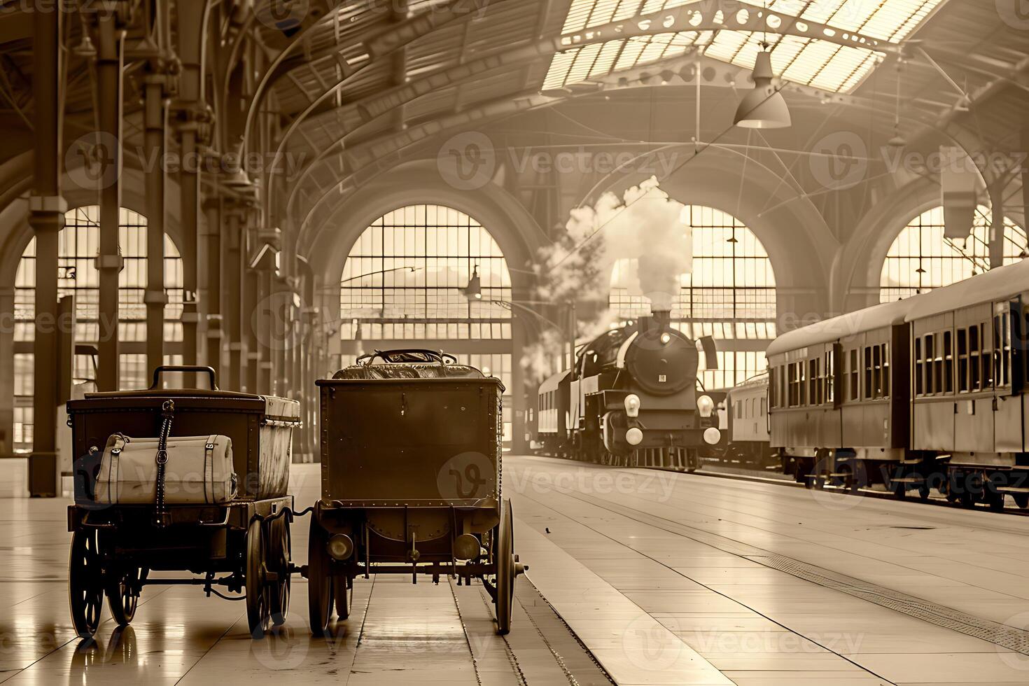 A train station with a cart and a train photo