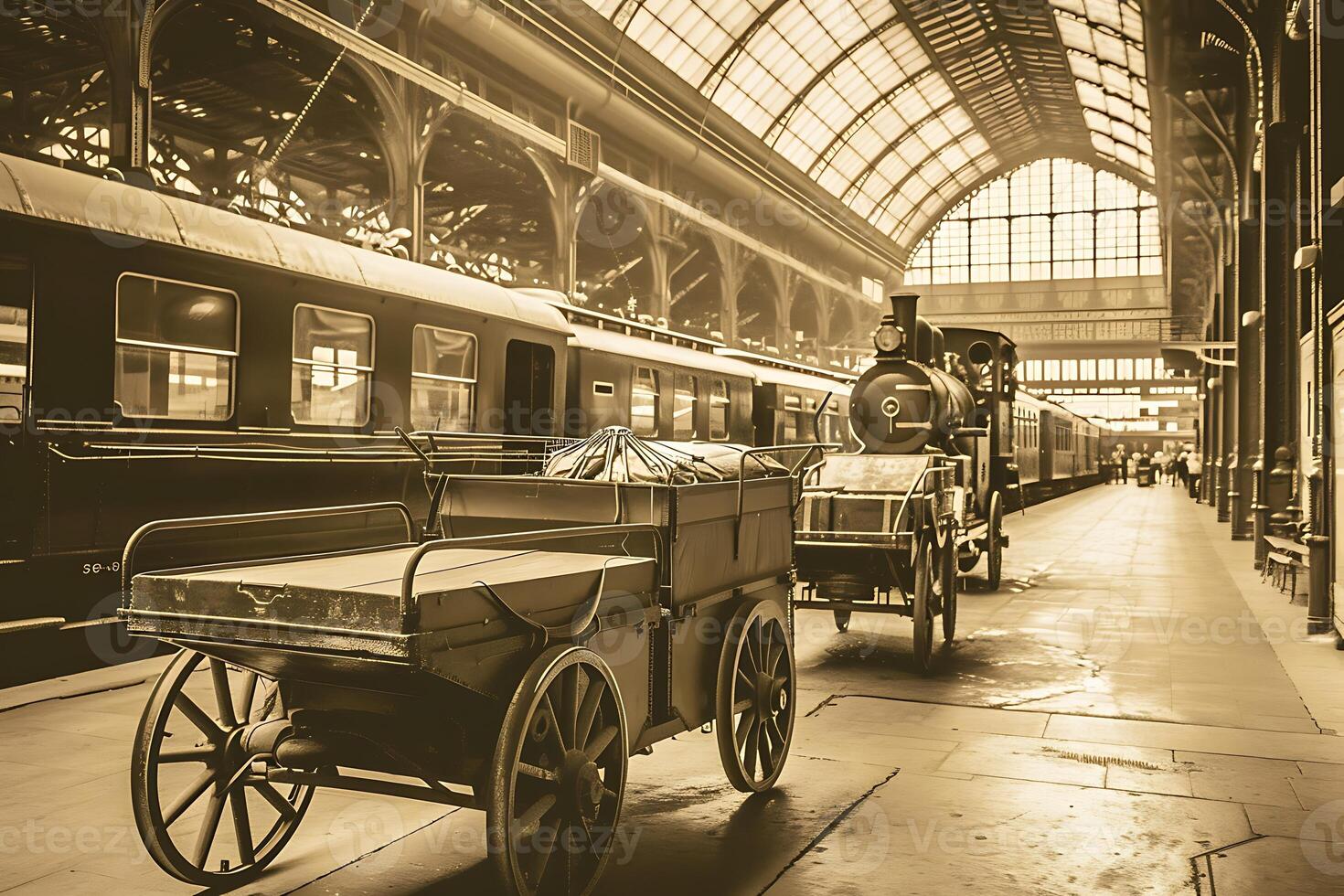 A train station with a cart and a train photo