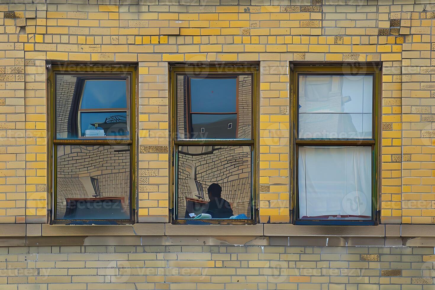 A man is reflected in the window of a building photo