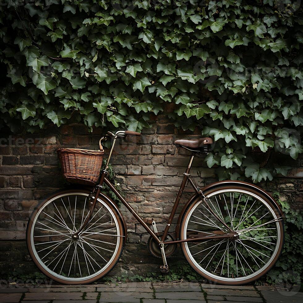 A bicycle is parked against a brick wall photo