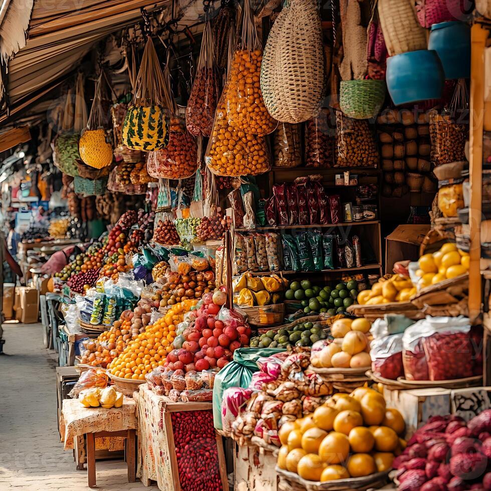 A man walking down a street with a bunch of fruit photo
