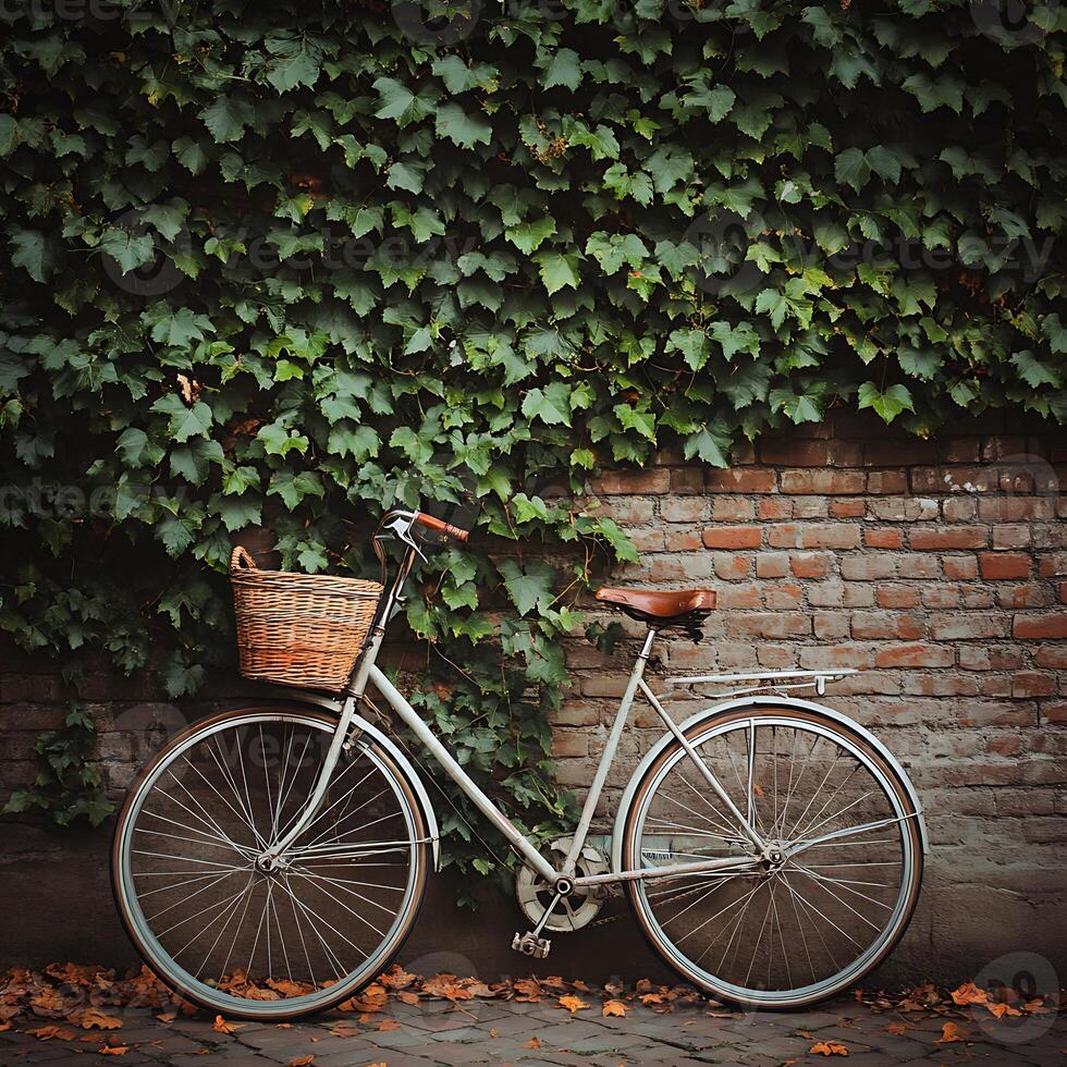 A bicycle is parked against a brick wall photo