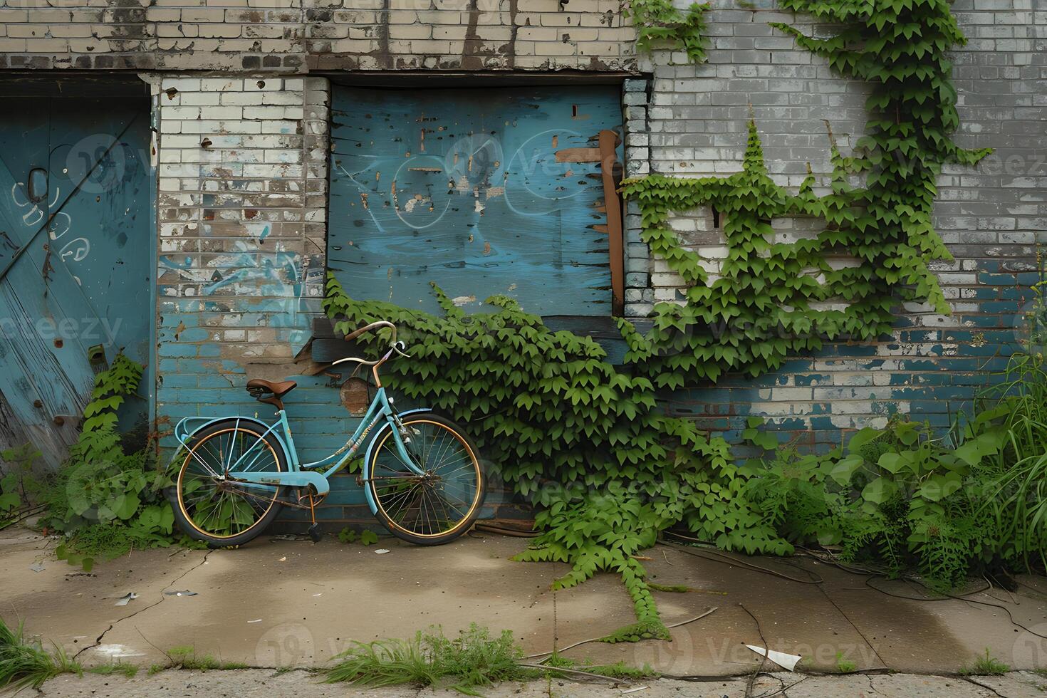 A blue bicycle leaning against a brick wall photo