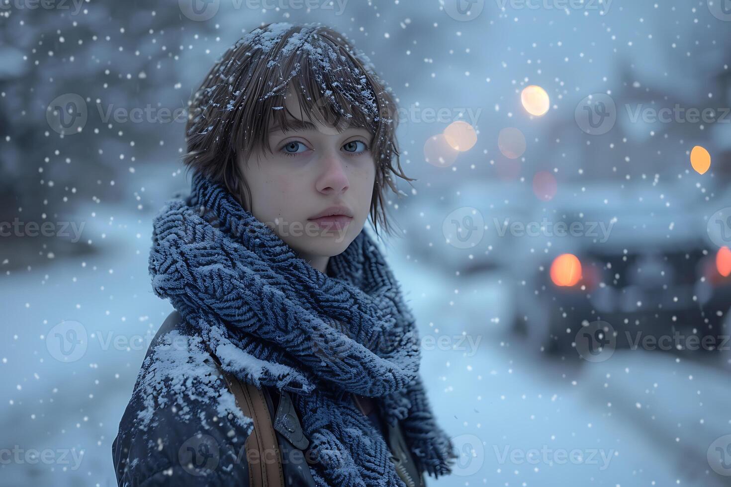 A young woman in a scarf and jacket standing in the snow photo
