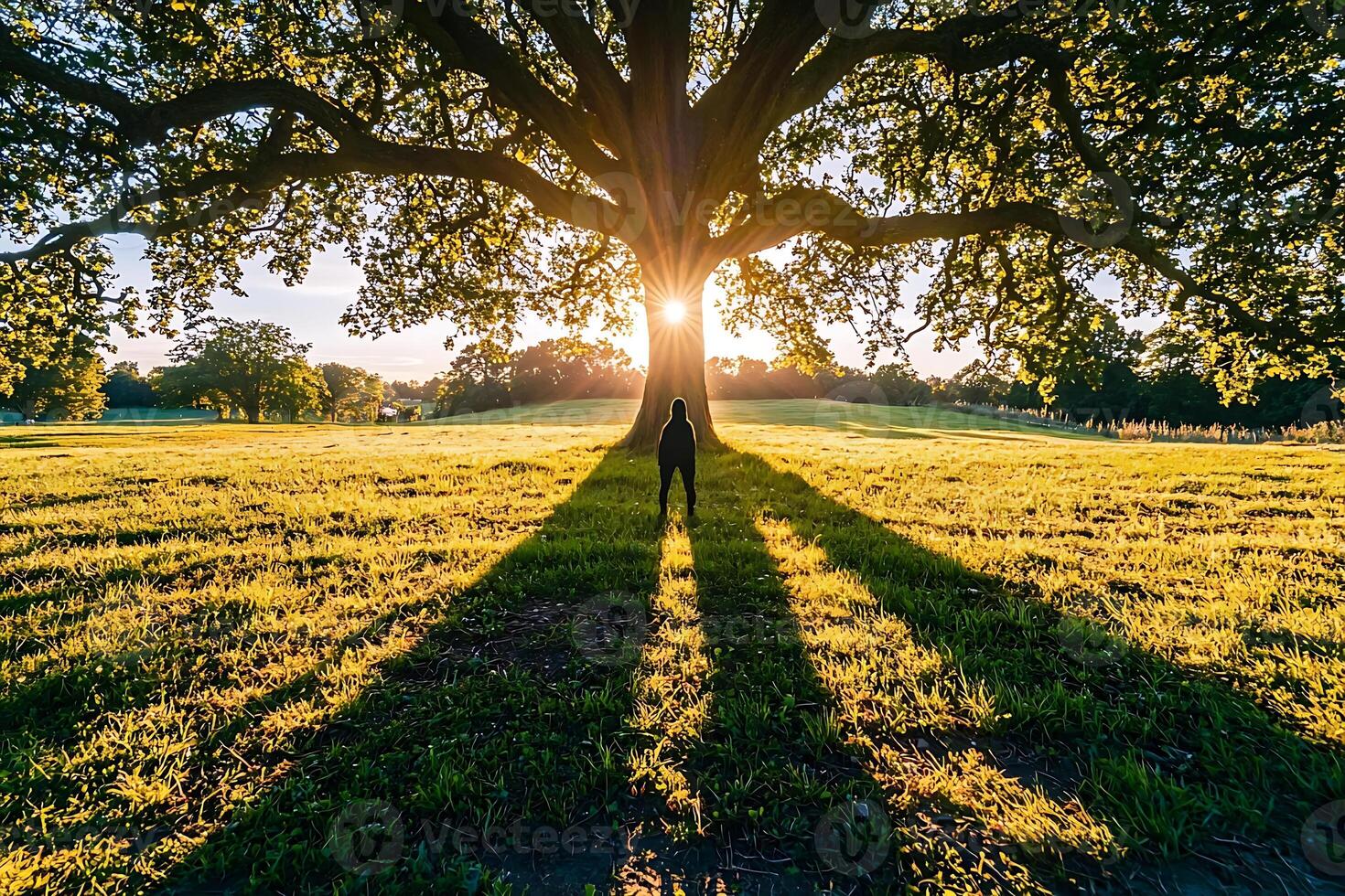 A person standing under a tree in a field photo