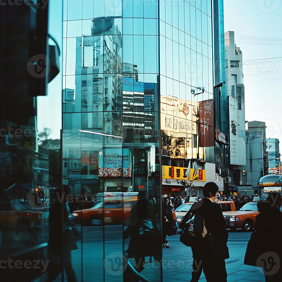 A group of people walking down a street in a city photo