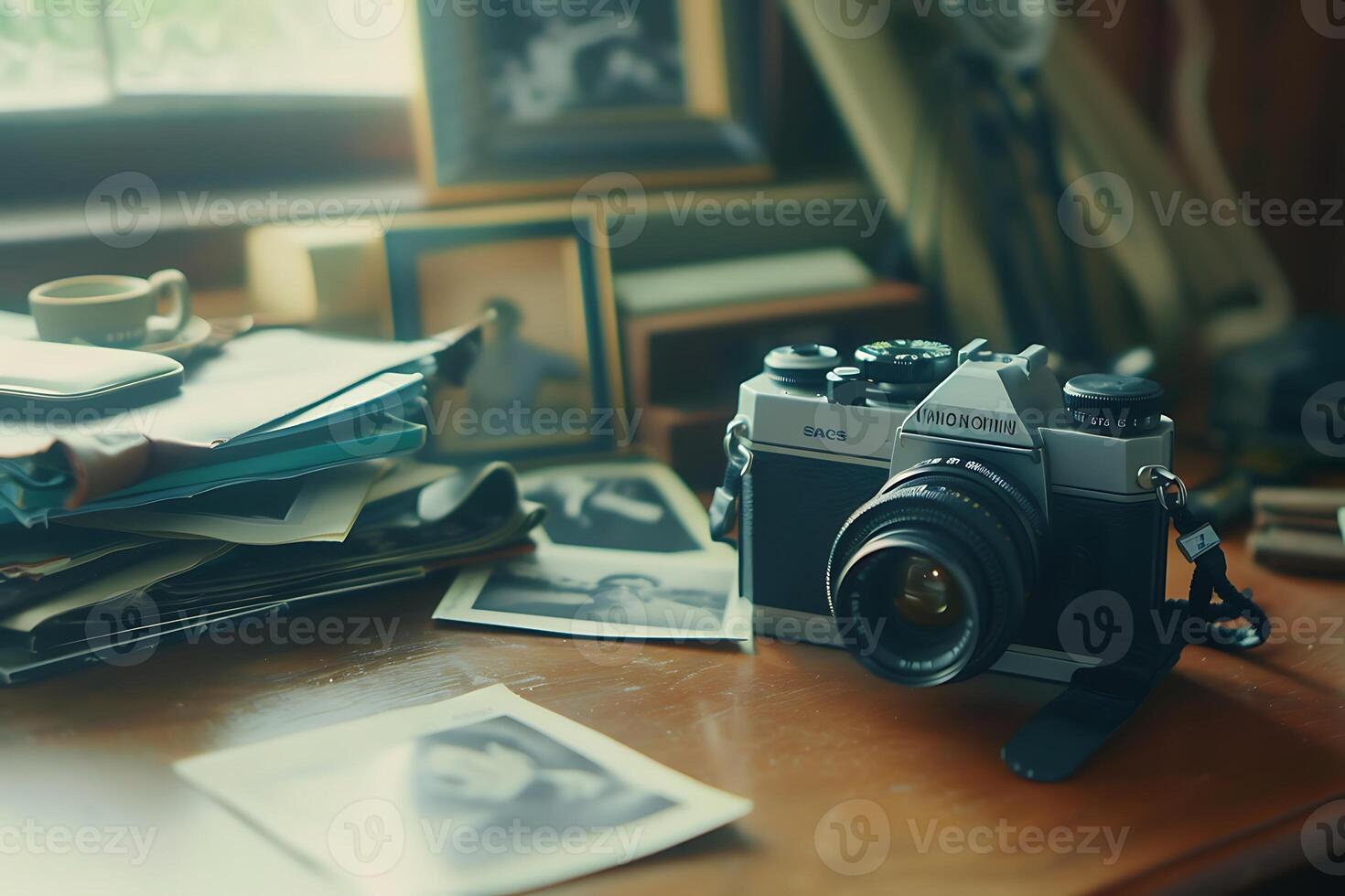 A camera sitting on a desk photo