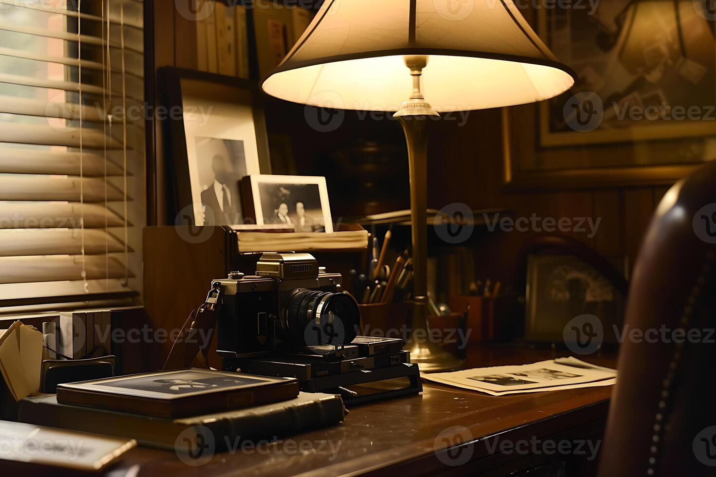 A desk with a lamp and a camera on it photo