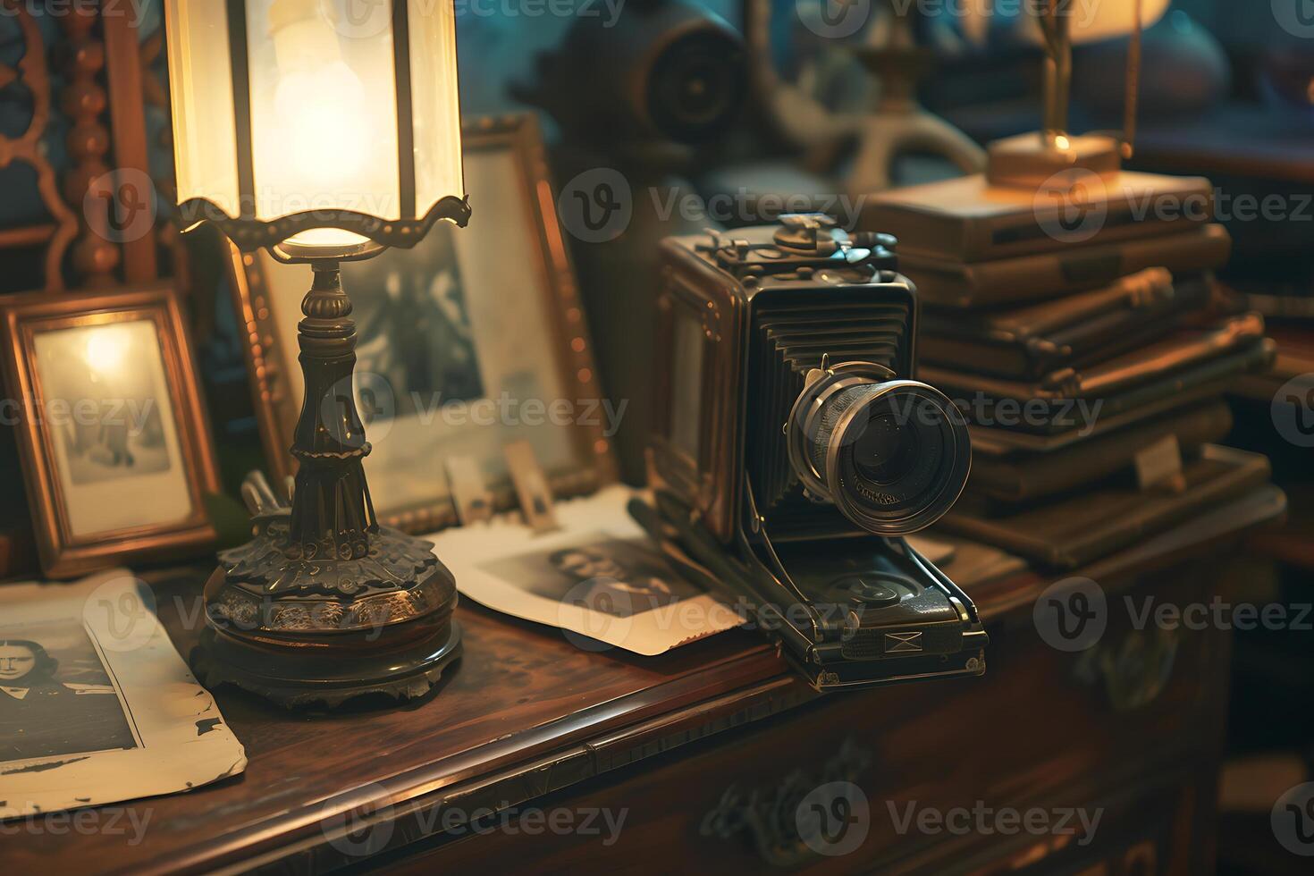 A lamp, a camera, and a lamp on a table photo
