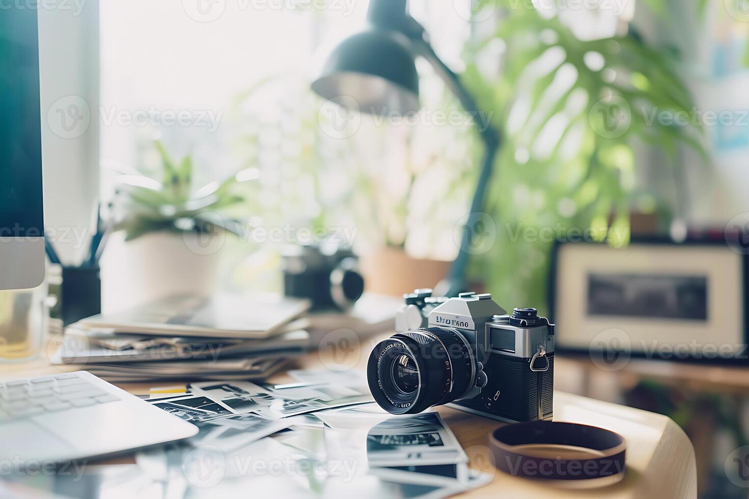A camera, a laptop and a plant on a desk photo