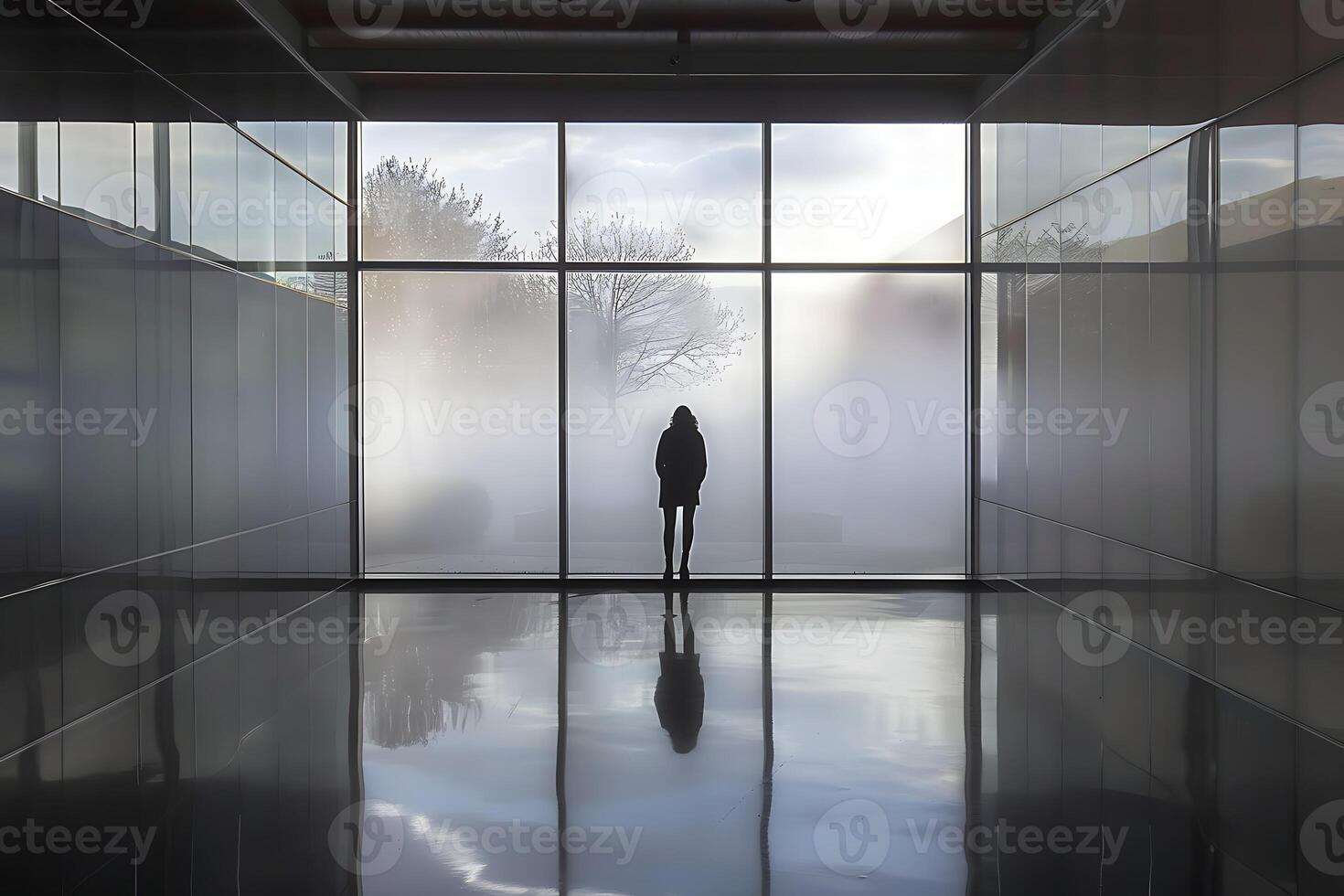 A person standing in front of a large glass door photo