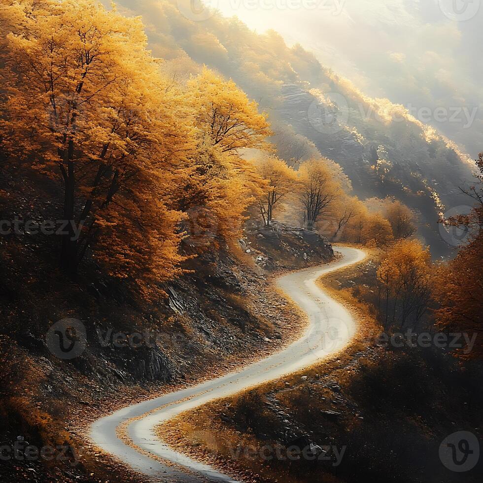 A winding road in the mountains with trees photo