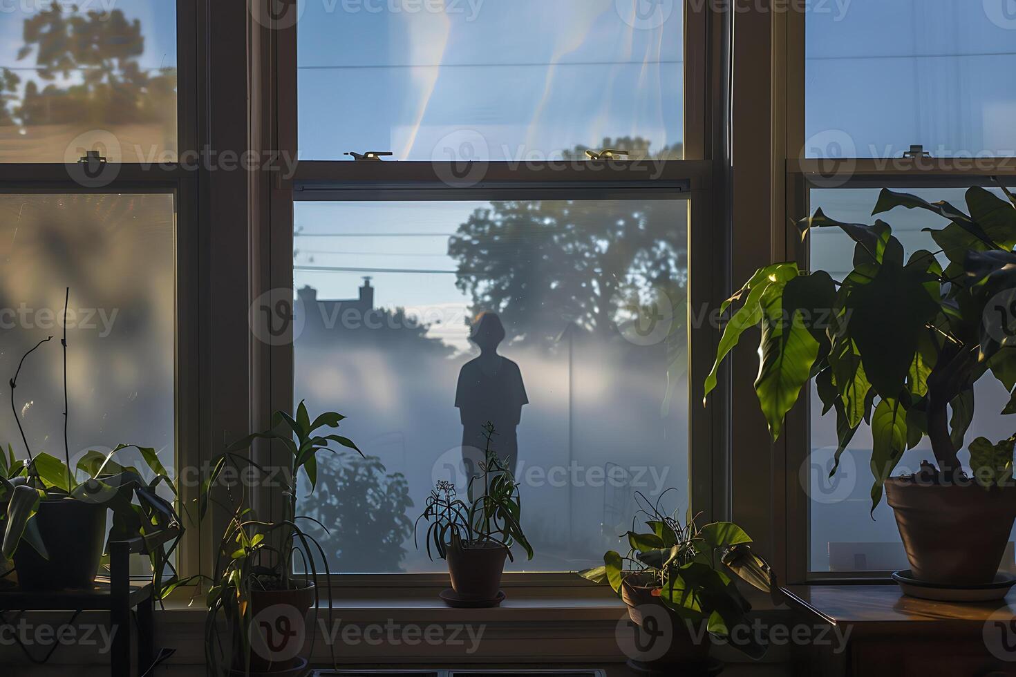 A window with a person in it and a potted plant photo