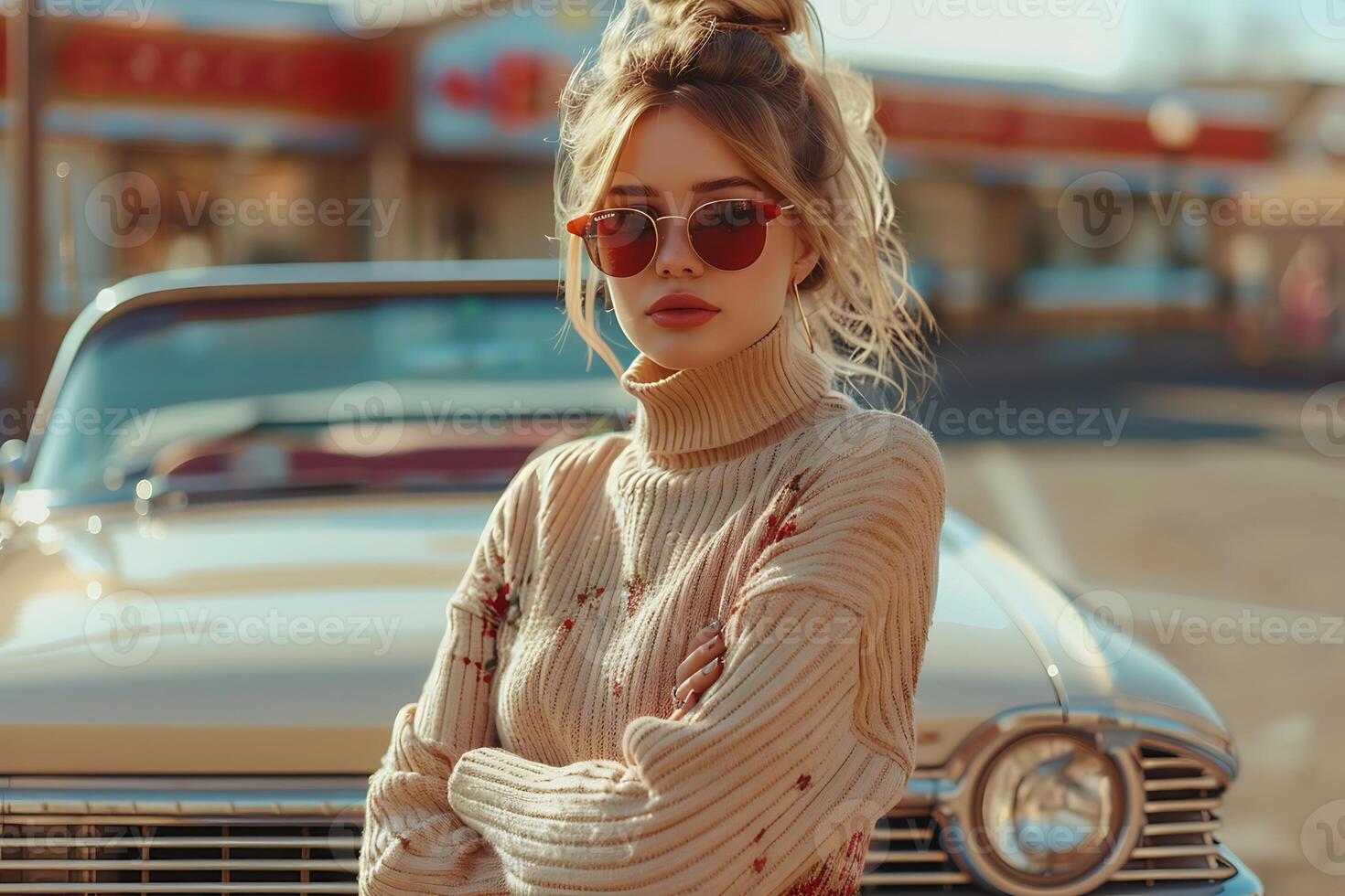 A woman in sunglasses and a sweater standing in front of a classic car photo