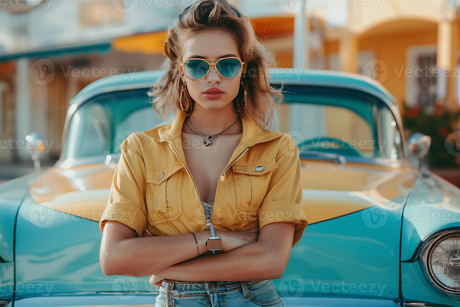 A woman in sunglasses standing next to an old car photo