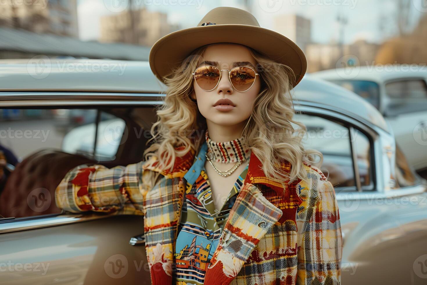 A woman in a hat and sunglasses leaning against a car photo