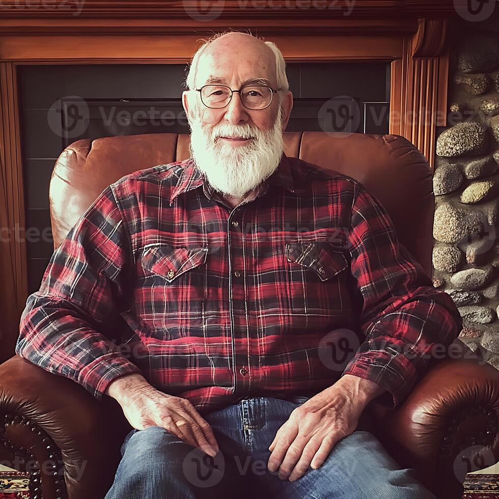 An older man with a white beard sitting in a chair photo
