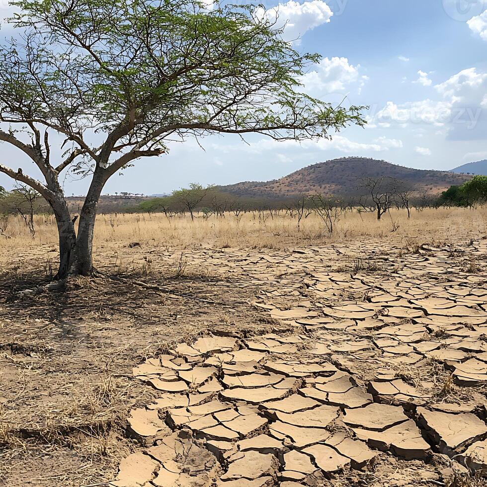 A tree in a dry and barren field photo