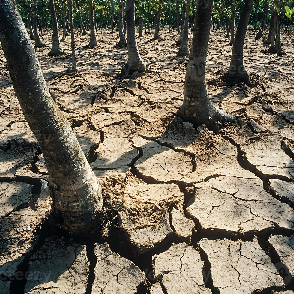 A field of trees with cracked ground and bare trees photo