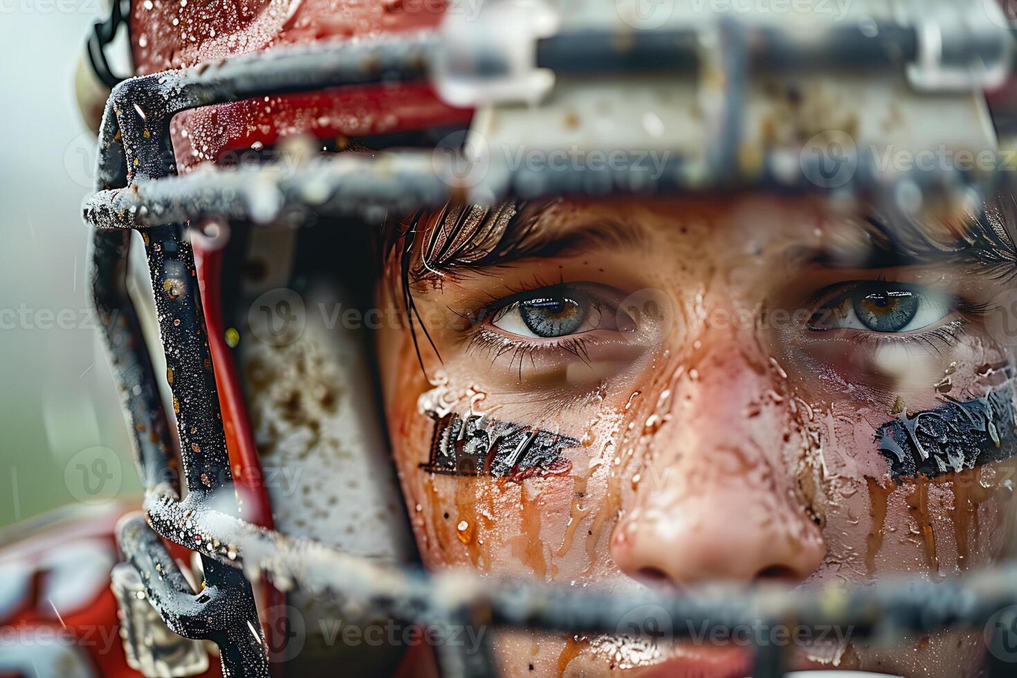 A close up of a football player with wet face photo
