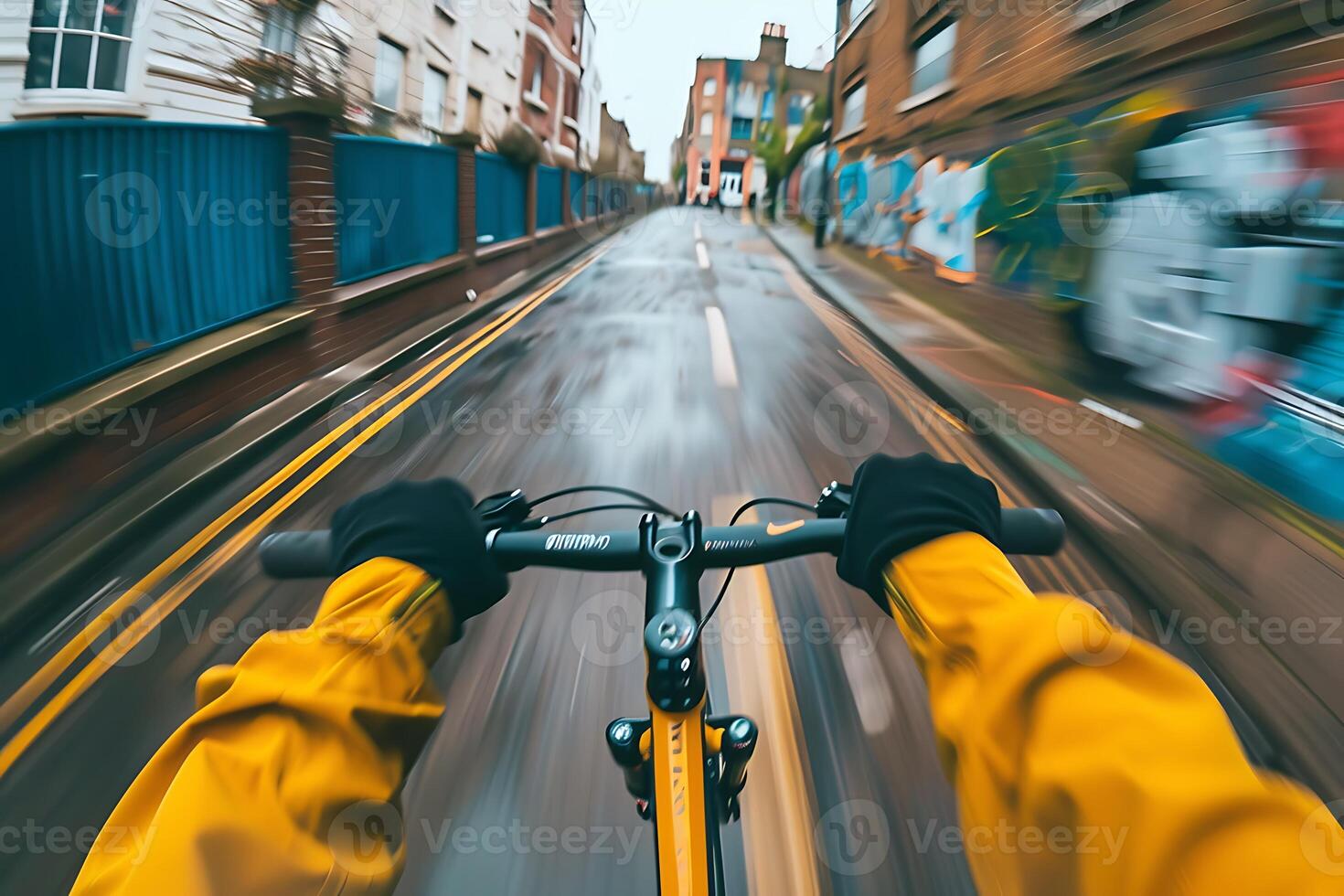 A person riding a bike down a narrow street photo