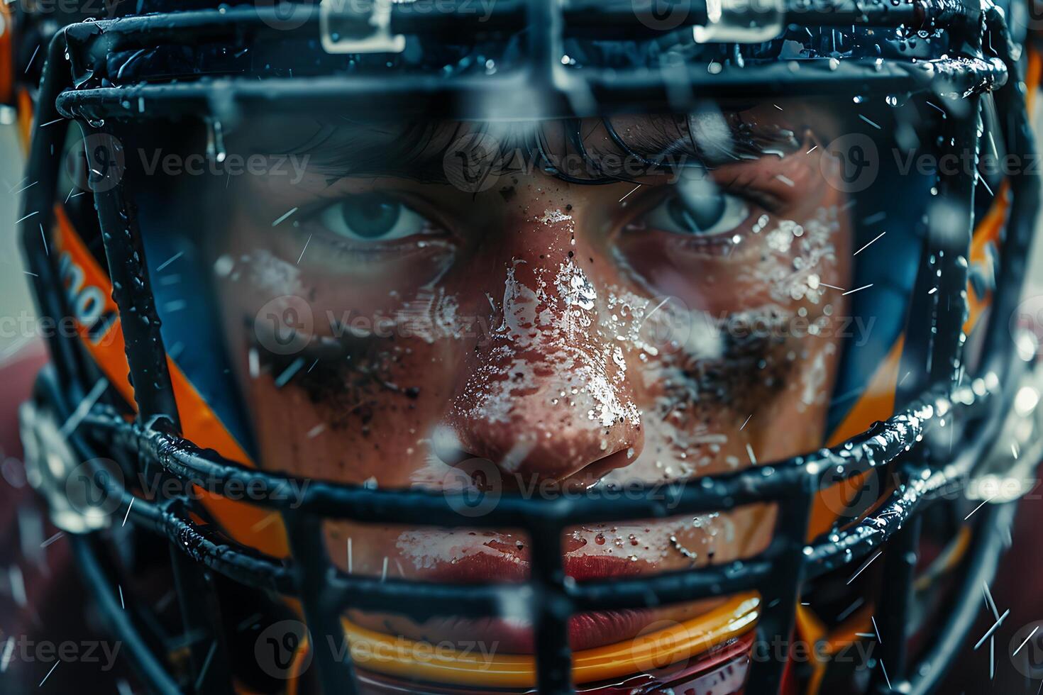 A close up of a football player with wet face photo