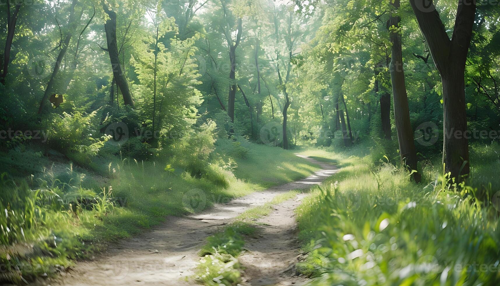 A dirt path through a forest with trees and grass photo