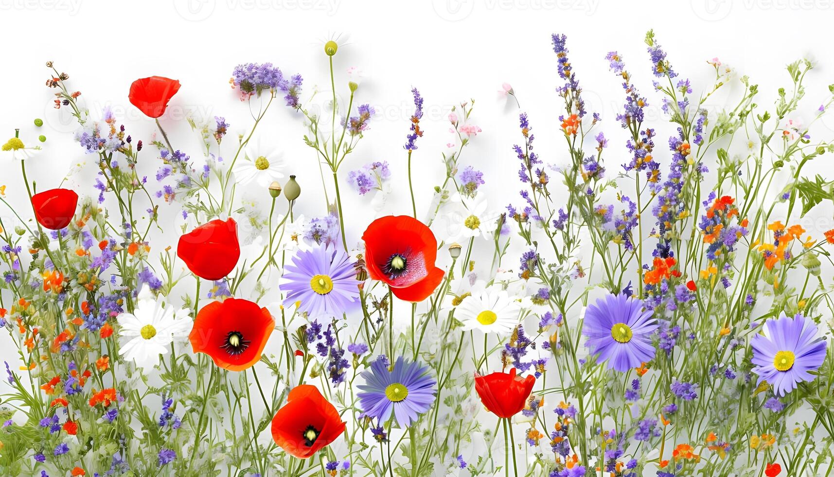 A field of wildflowers with red, white and blue flowers photo