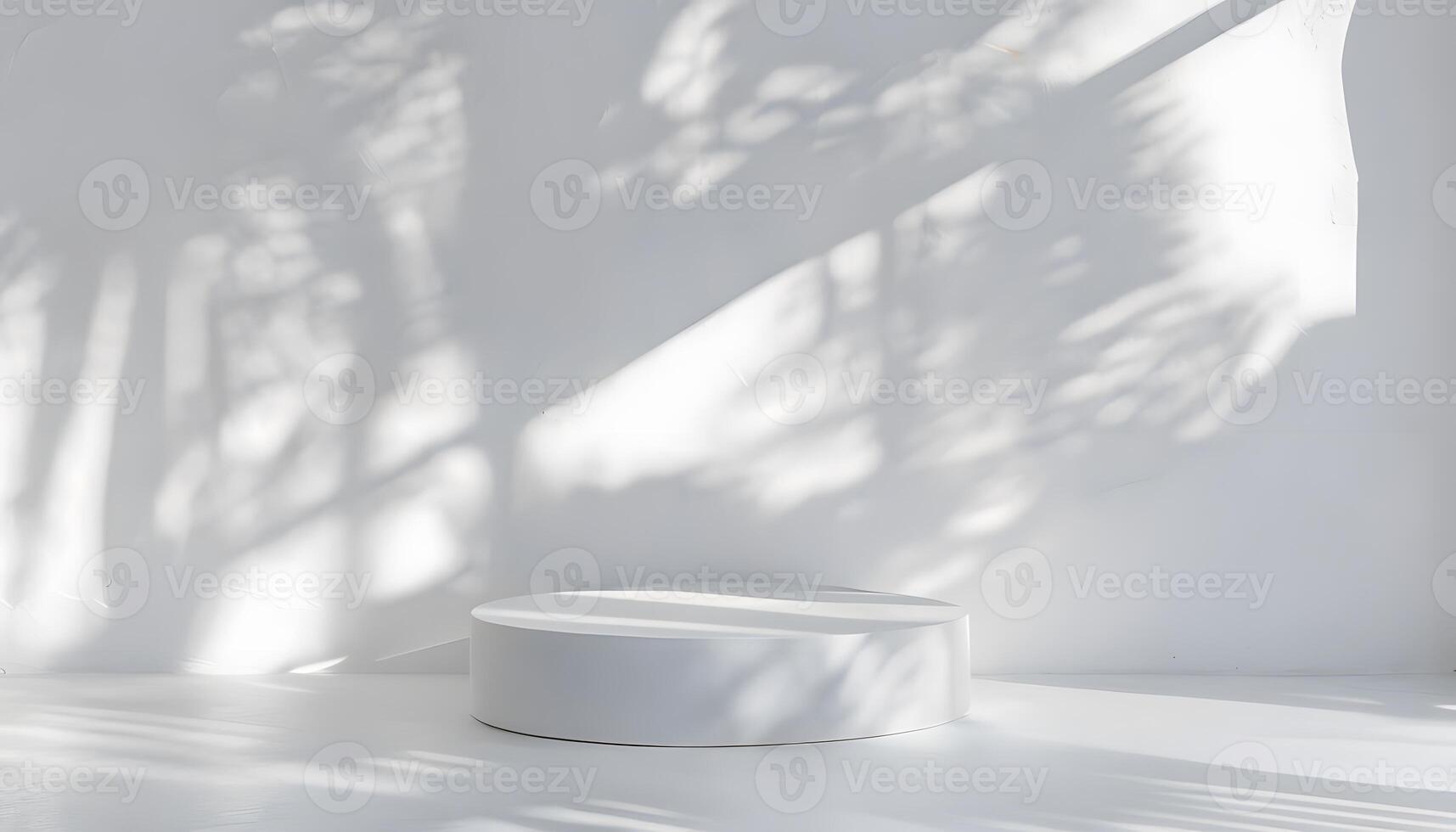 A white table with a white chair in front of a wall photo