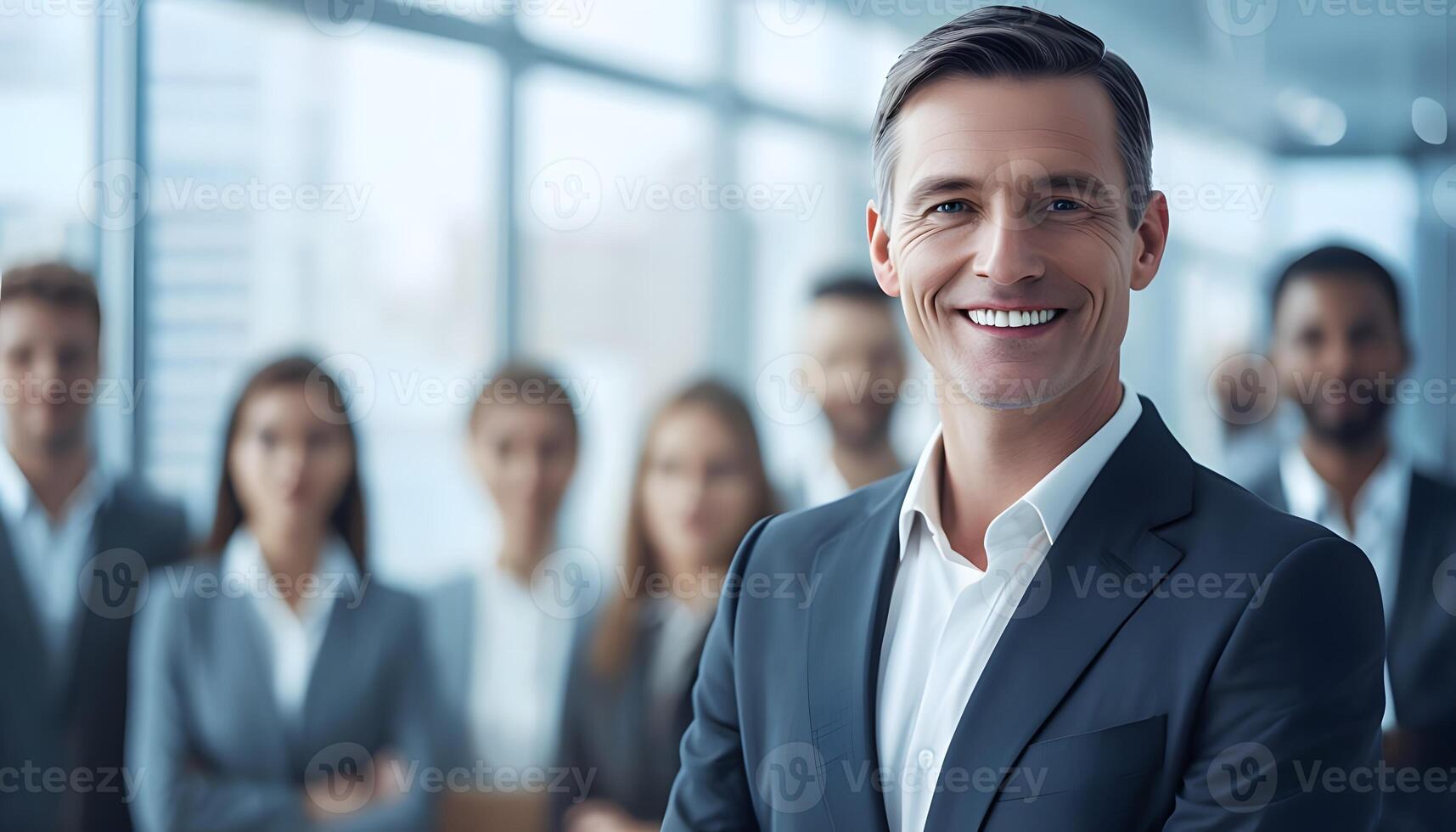 A man in a suit and tie standing in front of a group of people photo