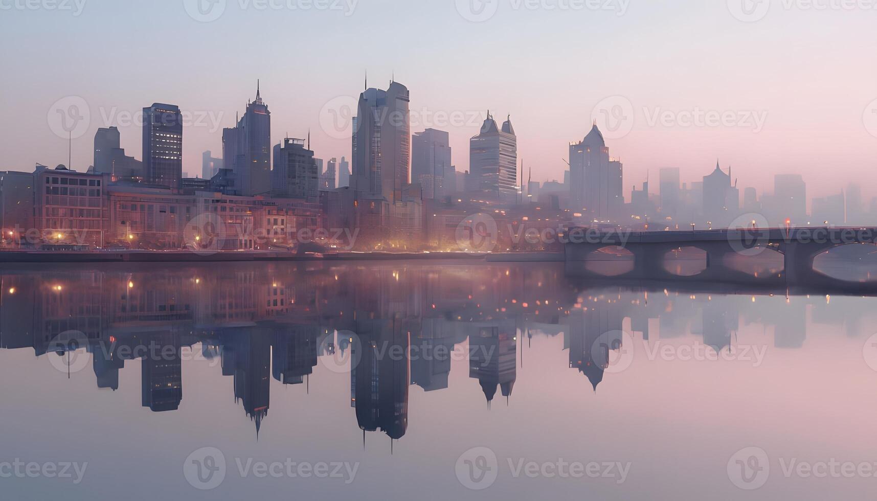 A city skyline is reflected in the water photo