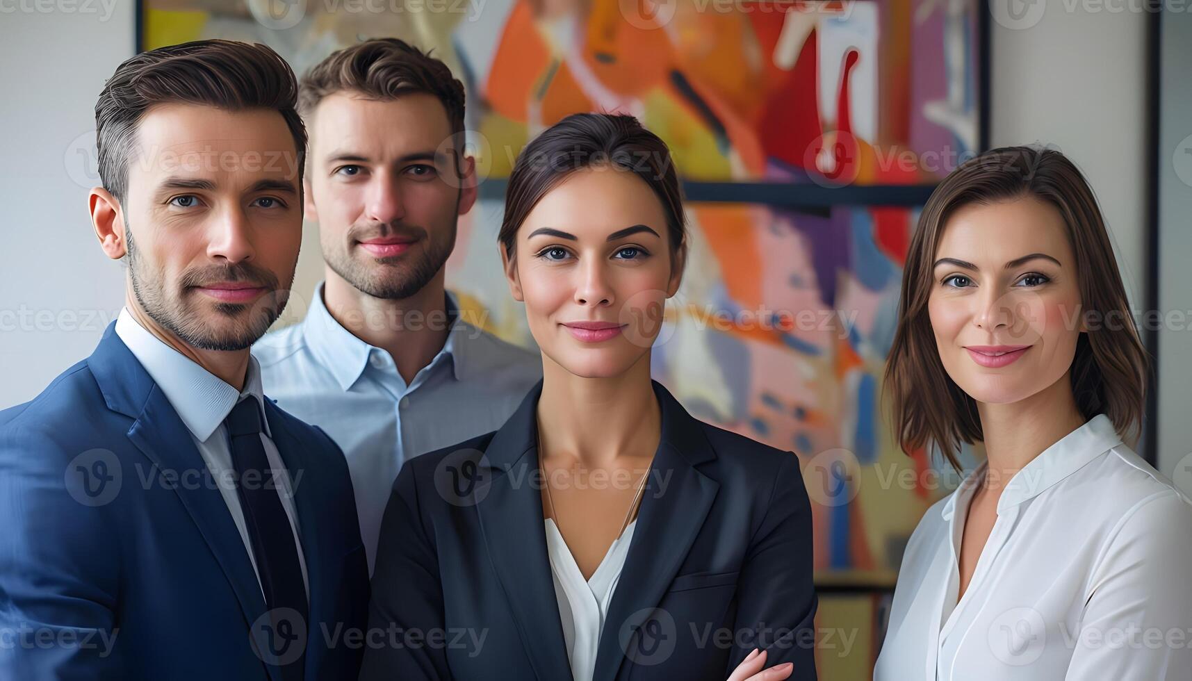 A group of business people standing in front of a painting photo