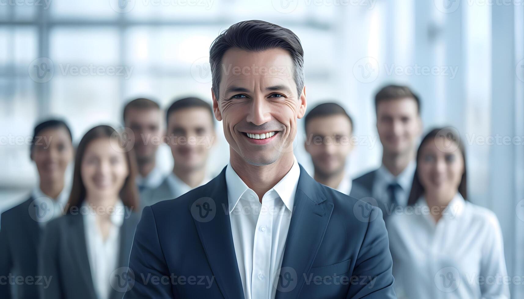A man in a suit and tie standing in front of a group of business people photo