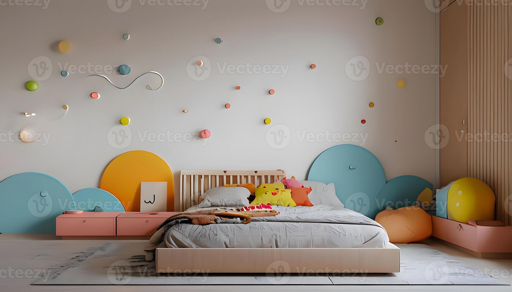 A colorful bedroom with a bed, a toy box and a wall with colorful balloons photo