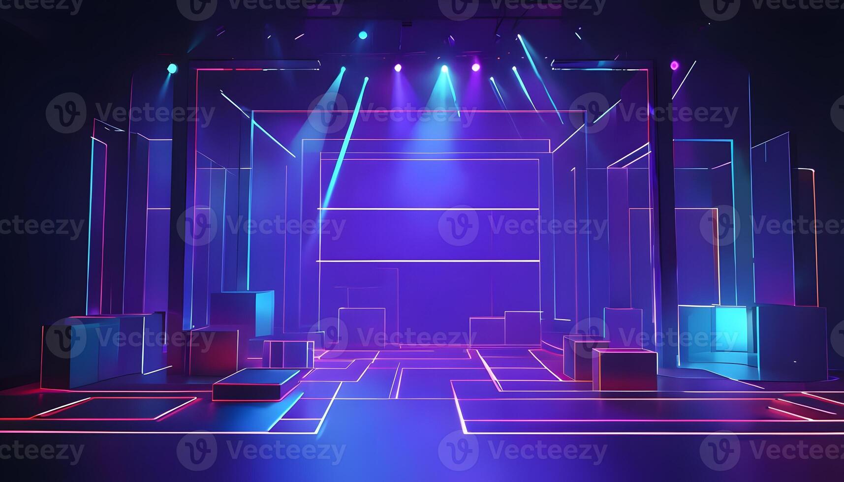 An empty stage with neon lights and a spotlight photo