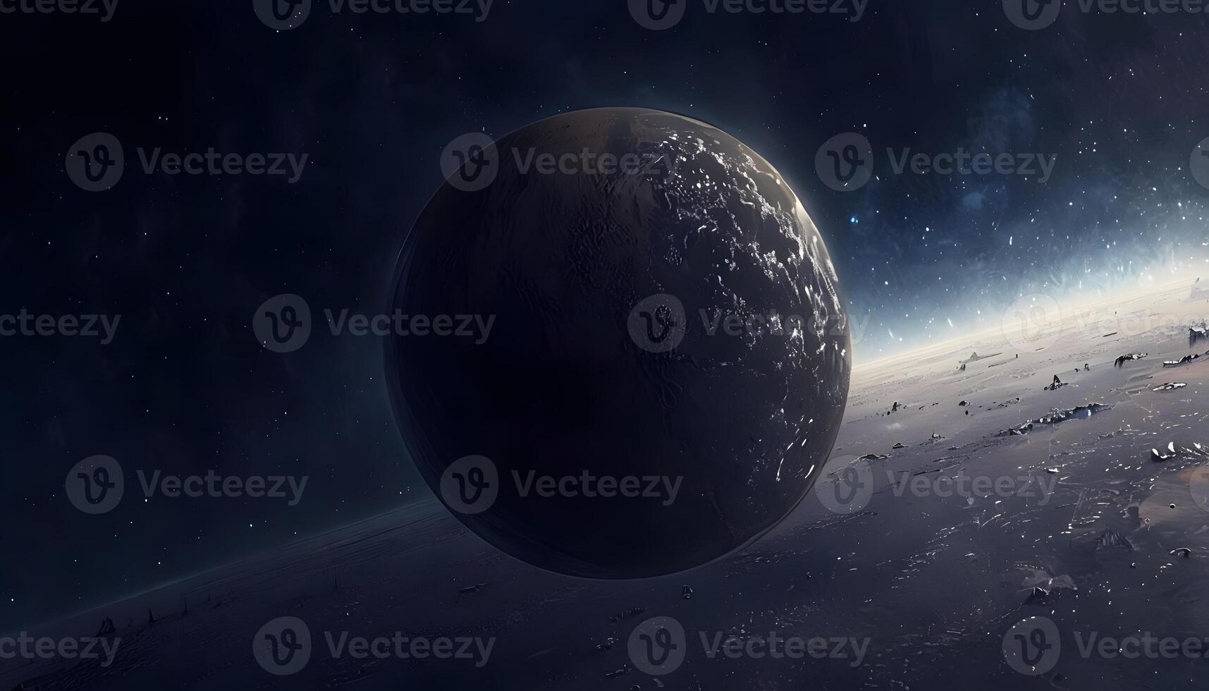 An alien planet with a large sphere in the sky photo