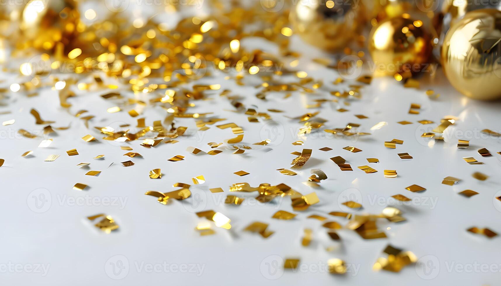 Golden christmas balls and confetti on white background photo