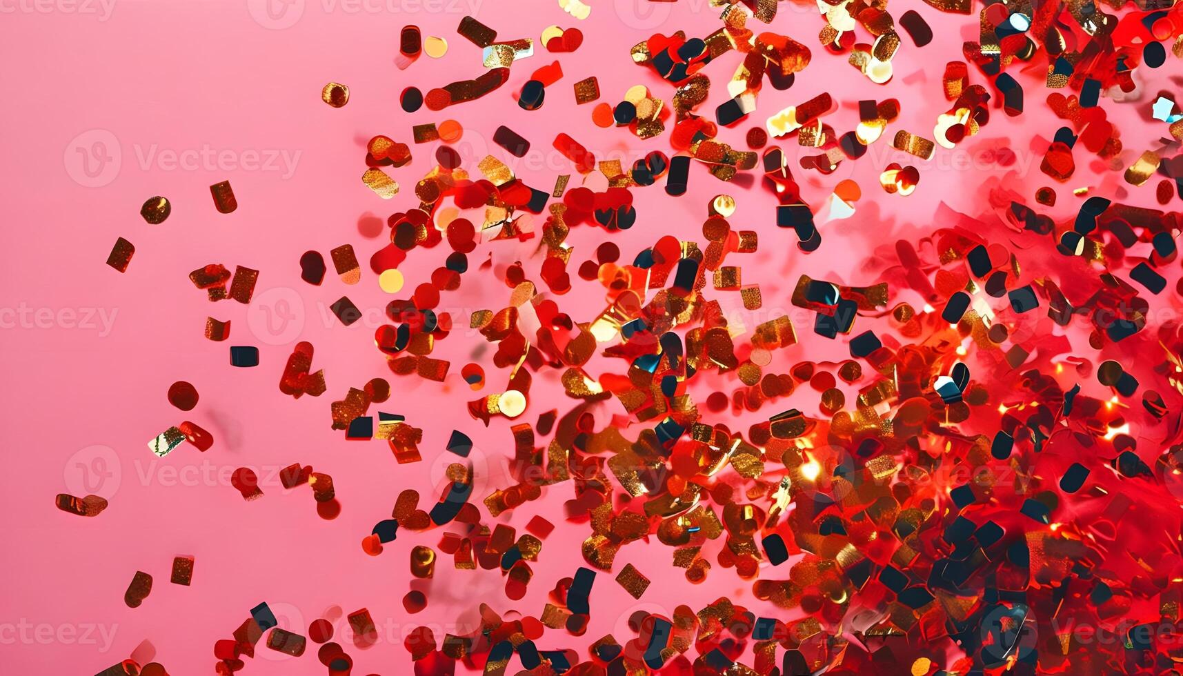 Red and gold confetti falling on a pink background photo