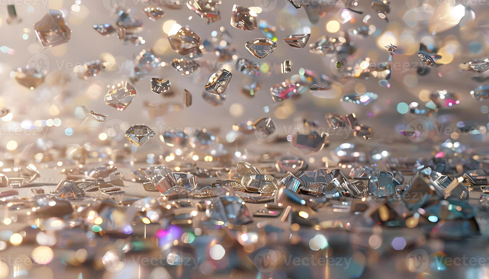 A lot of shiny silver diamonds are scattered on the floor photo