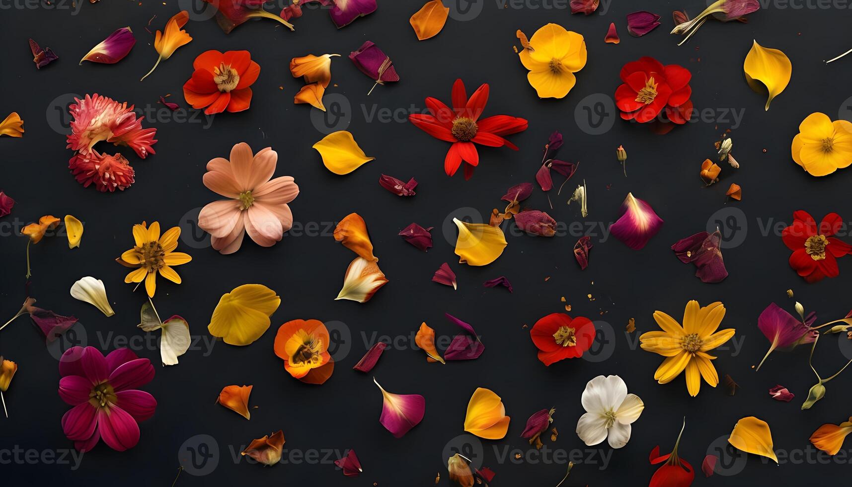 A large group of flowers scattered on a black background photo