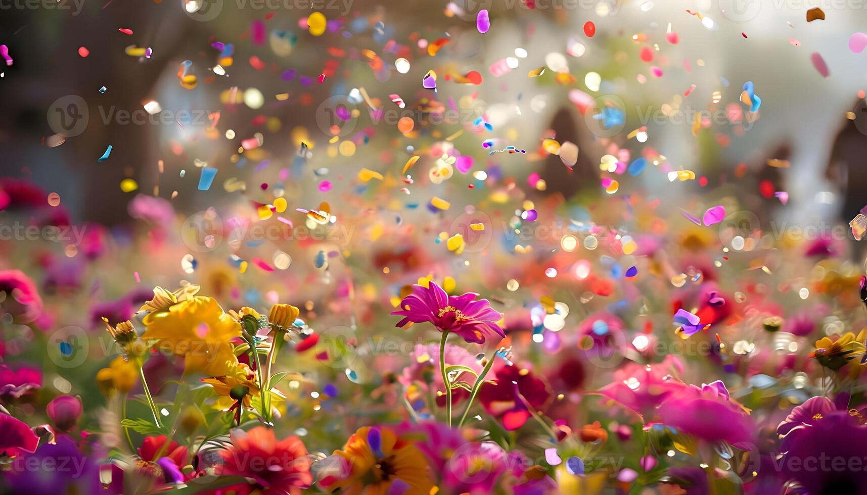 A field of colorful flowers with confetti falling from the sky photo