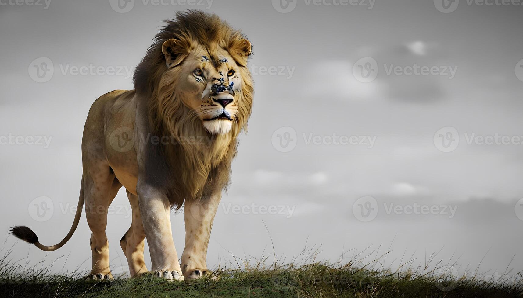 A lion standing on a hill with a cloudy sky photo