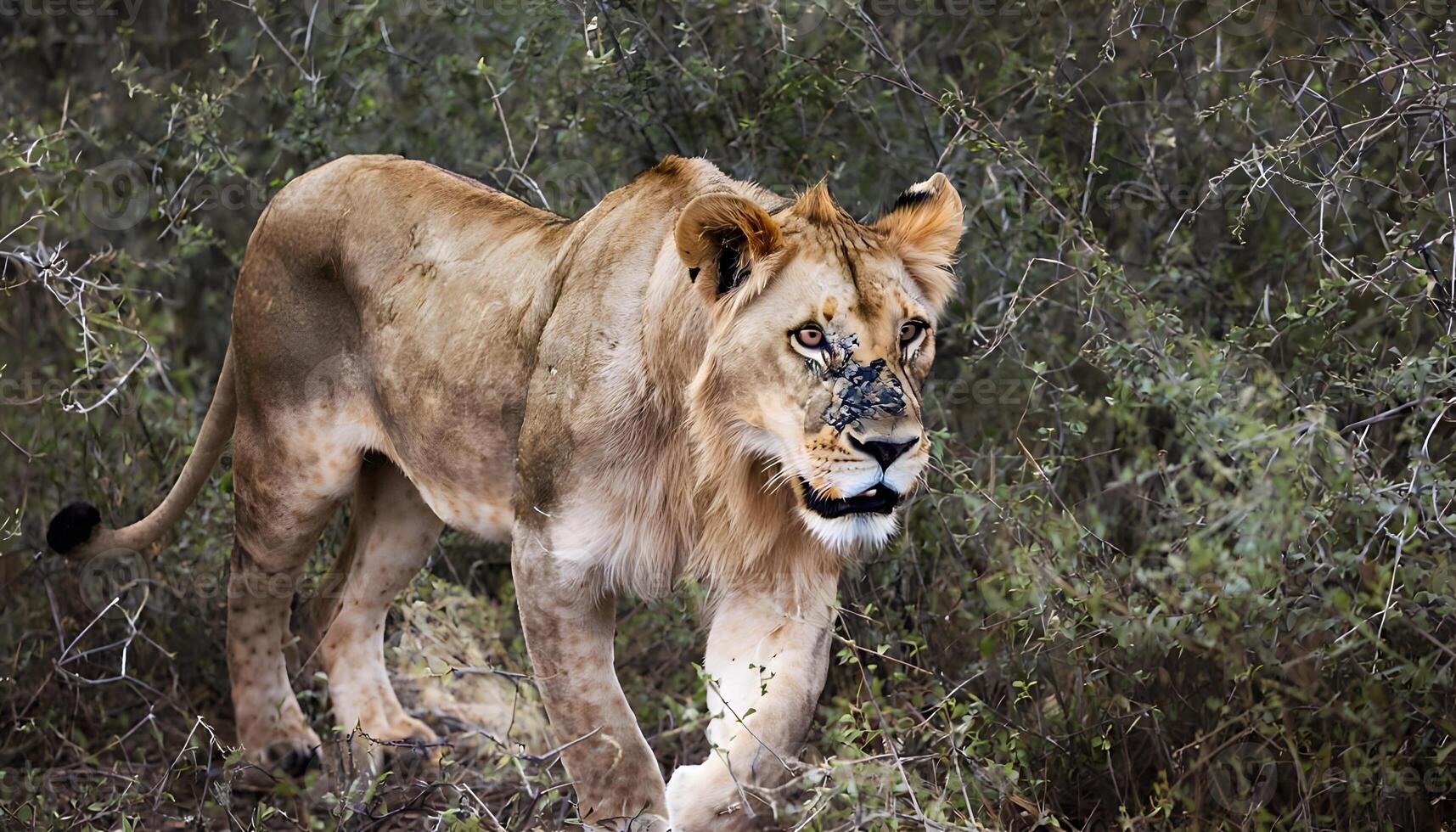 A lion walking through a field of tall grass photo