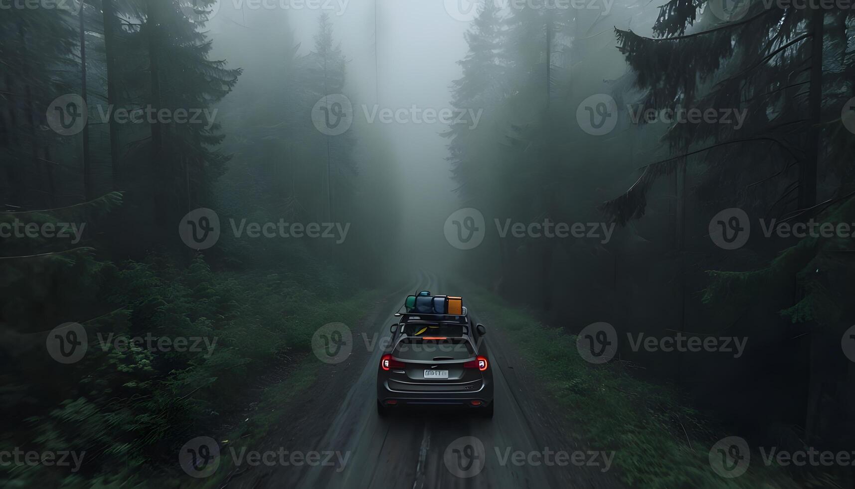A car driving down a road in the woods photo