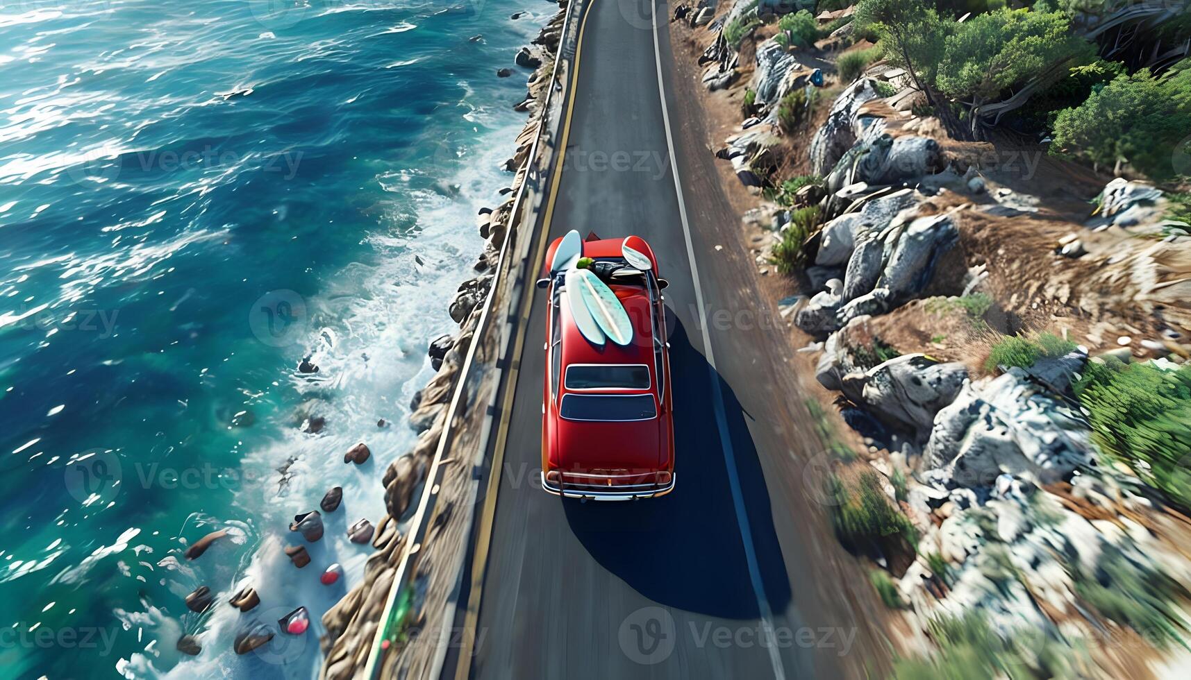 A red car driving down a road near the ocean photo